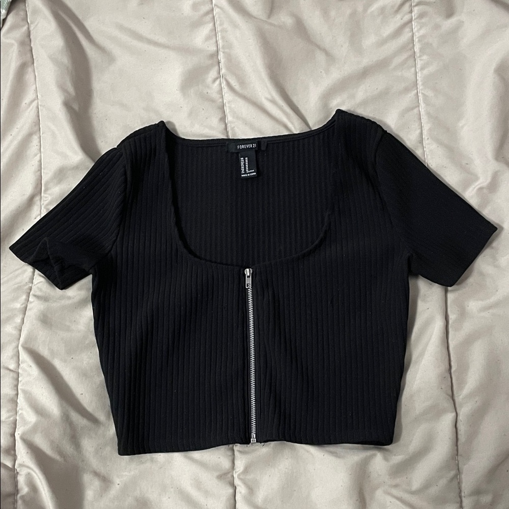 Forever 21 Black Ribbed Crop Top with Zip Front